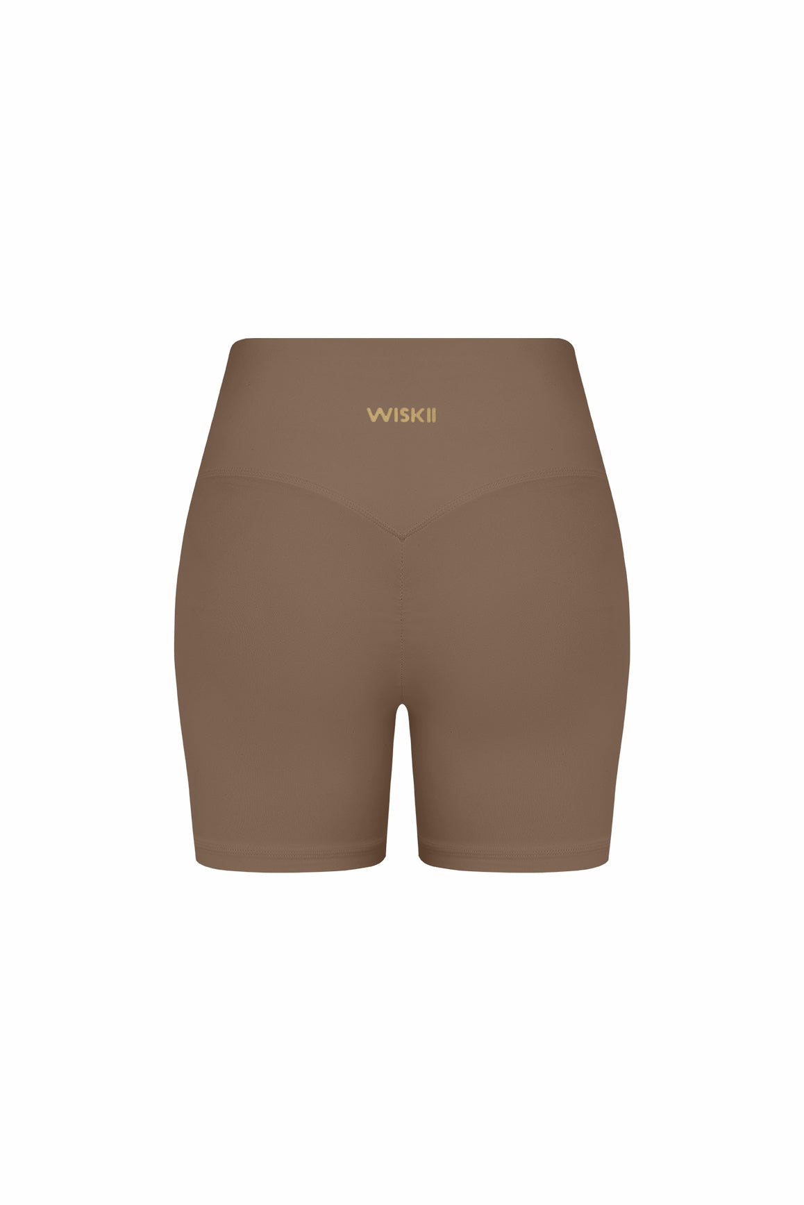 WISKII High-Waist Vigor Scrunch Shorts in desert truffle, showcasing the fitted design and textured fabric from the front view.