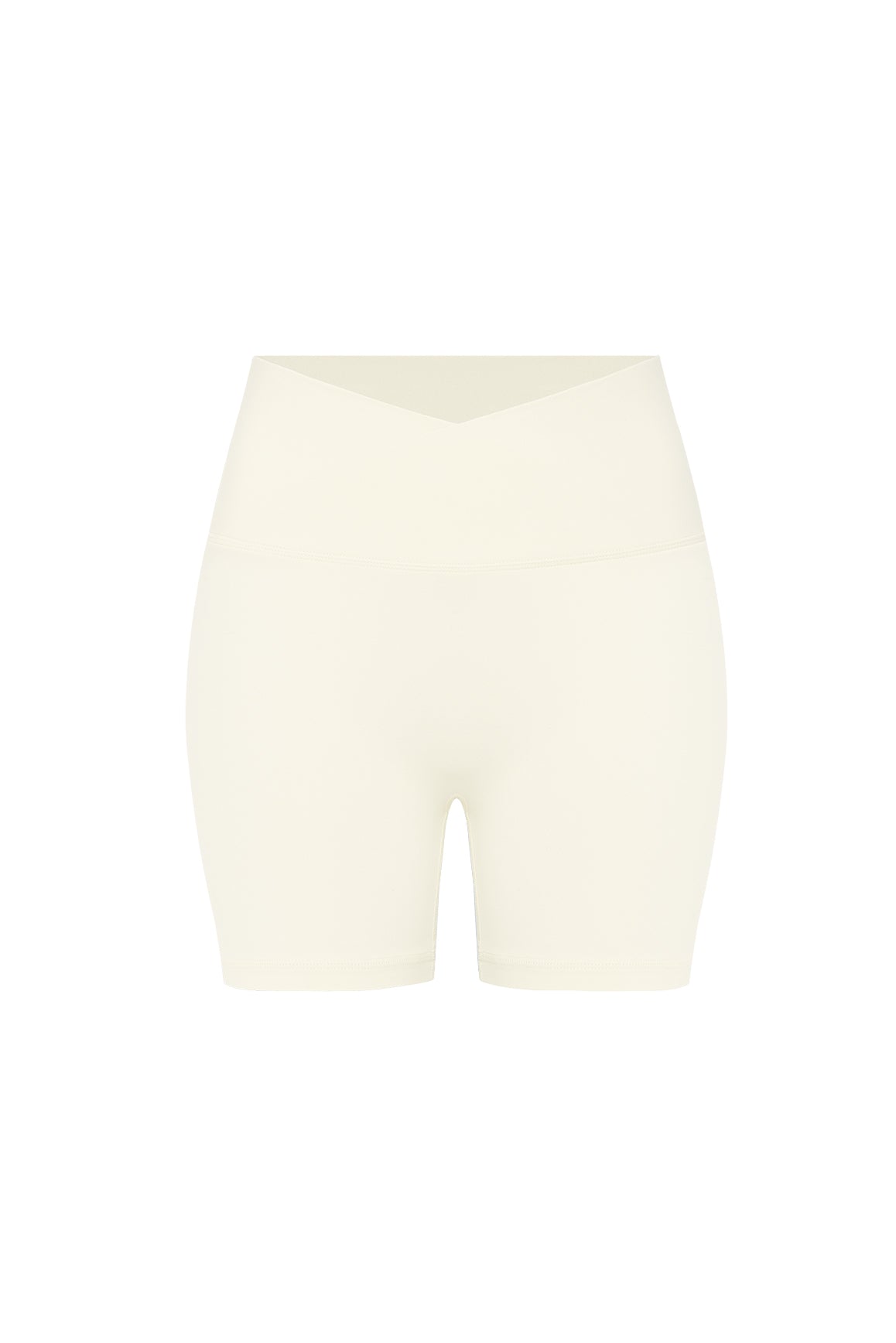 WISKII Riviera V-Waist Scrunch Shorts in oat milk color, showcasing a casual fit with a V-shaped waist and scrunch detailing.