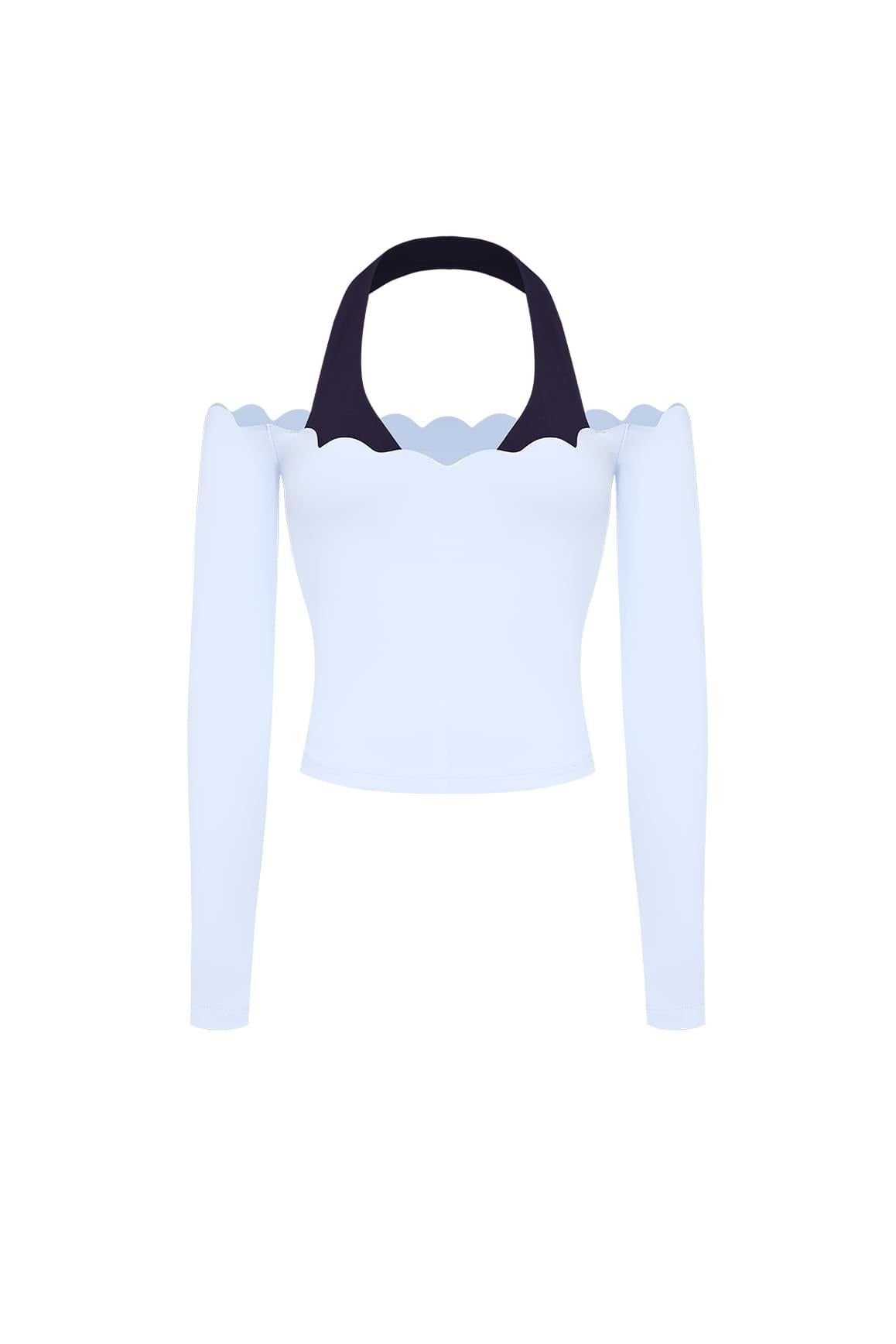 Scallop Off-Shoulder Colorblock Long Sleeve Top - WISKII - Shirts & Tops