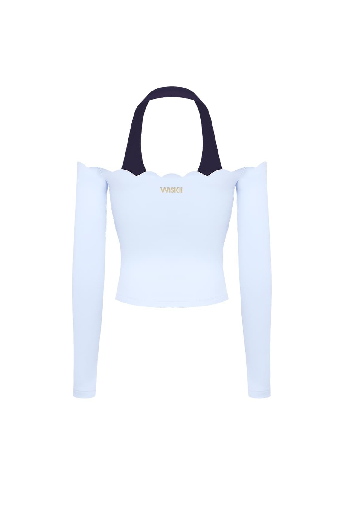 Scallop Off-Shoulder Colorblock Long Sleeve Top - WISKII - Shirts & Tops