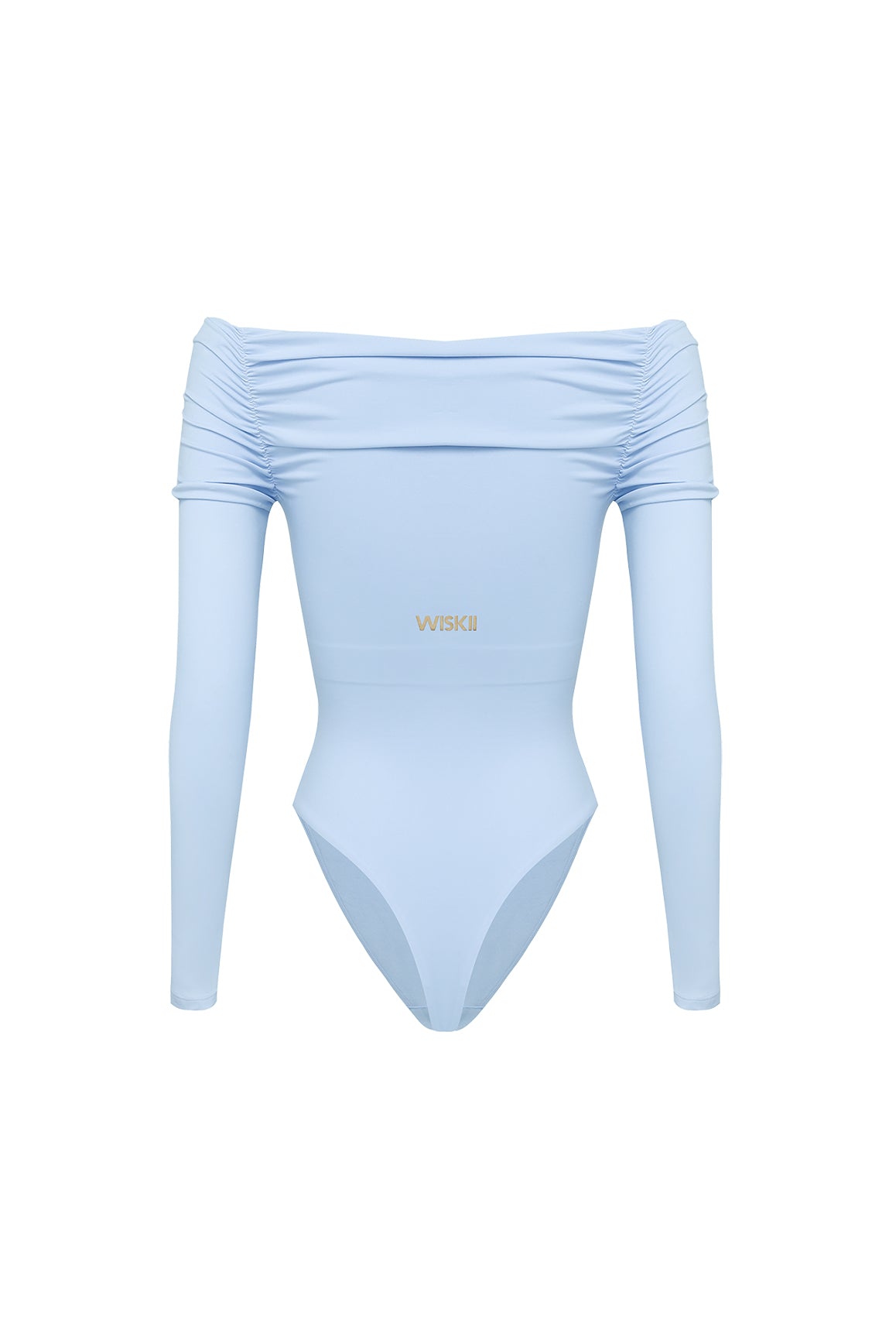Ivory long sleeve off shoulder pleated bodysuit by WISKII, showcasing elegant draping and a flattering fit.