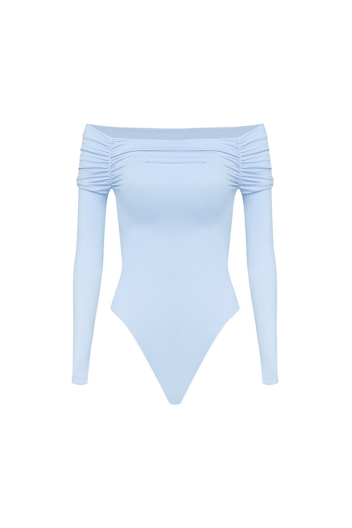 Ivory long sleeve off shoulder pleated bodysuit by WISKII, featuring a stylish and elegant design.