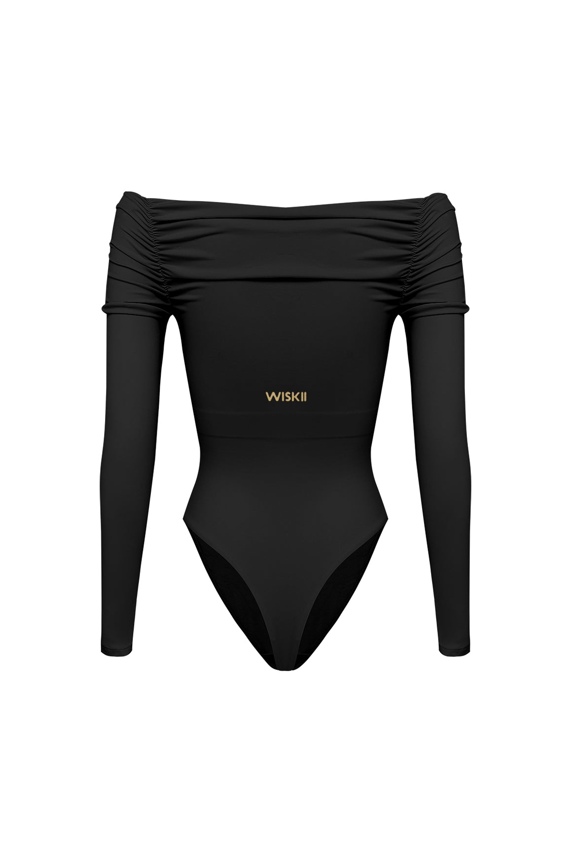 Ivory long sleeve off shoulder pleated bodysuit by WISKII, featuring elegant draping and fitted silhouette.