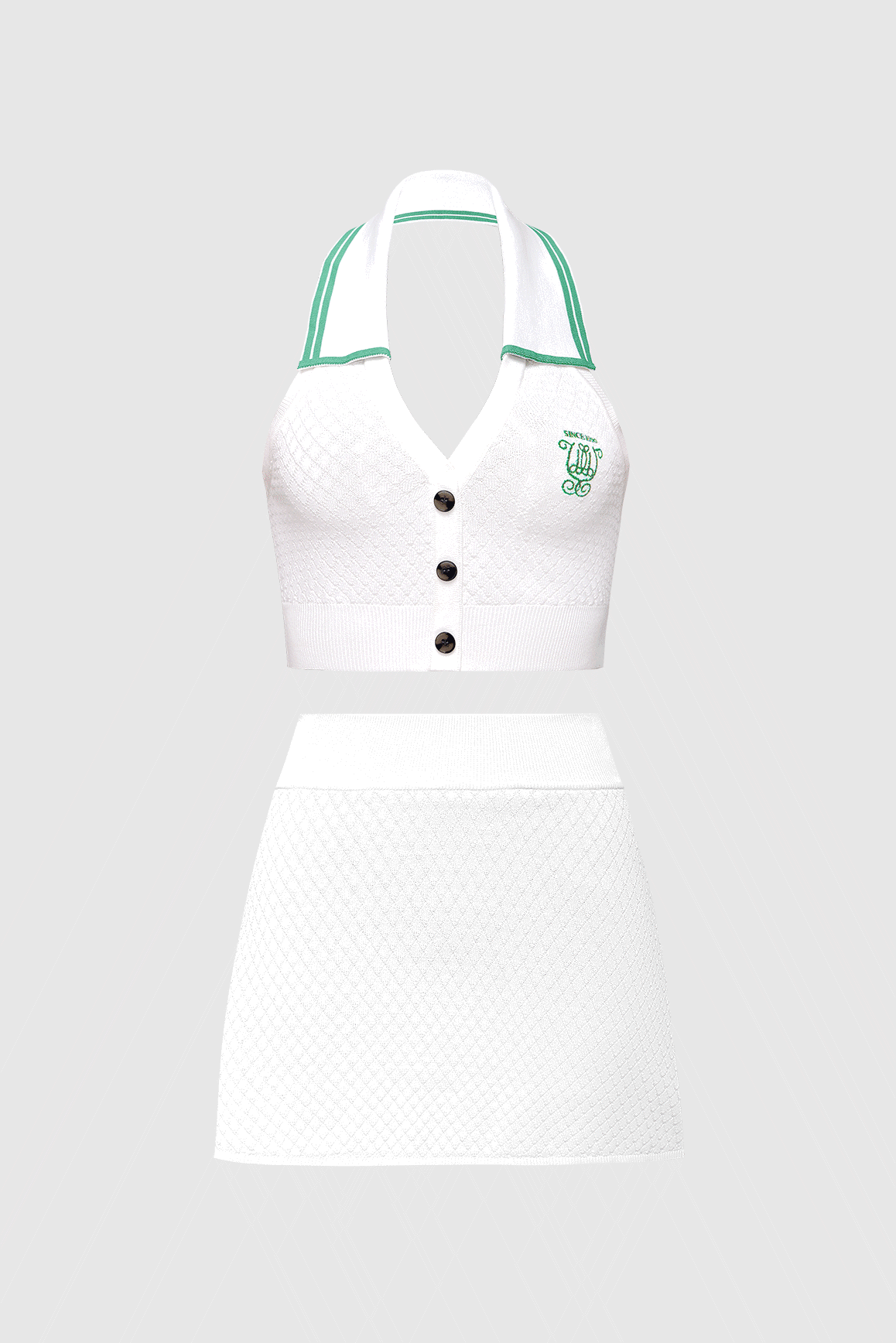 WISKII Riviera Jacquard Knit Polo Tank Top and Skirt bundle, white with intricate jacquard pattern, styled as a coordinated outfit.