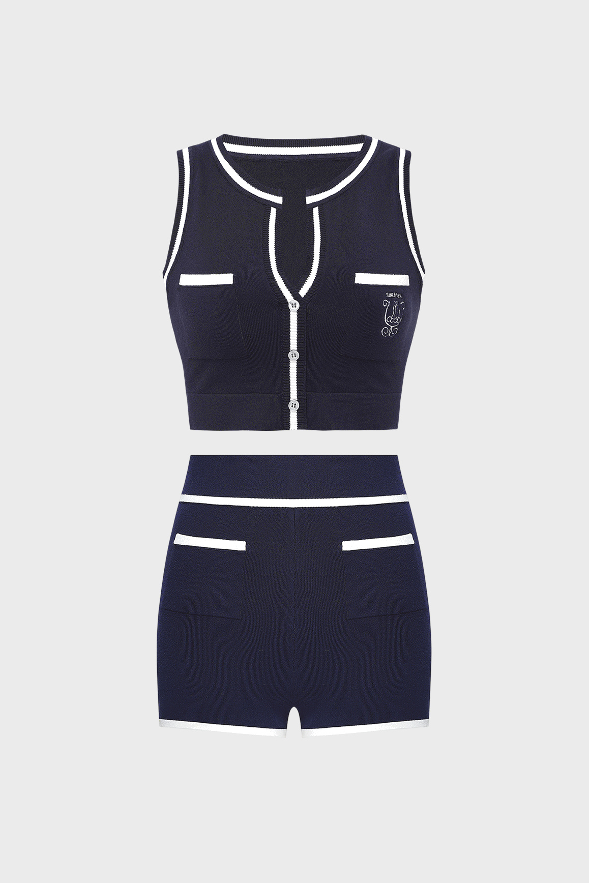 WISKII Mirto Knit Lemon Chiffon tank top and mini shorts bundle, featuring button tank top and matching knit mini shorts.