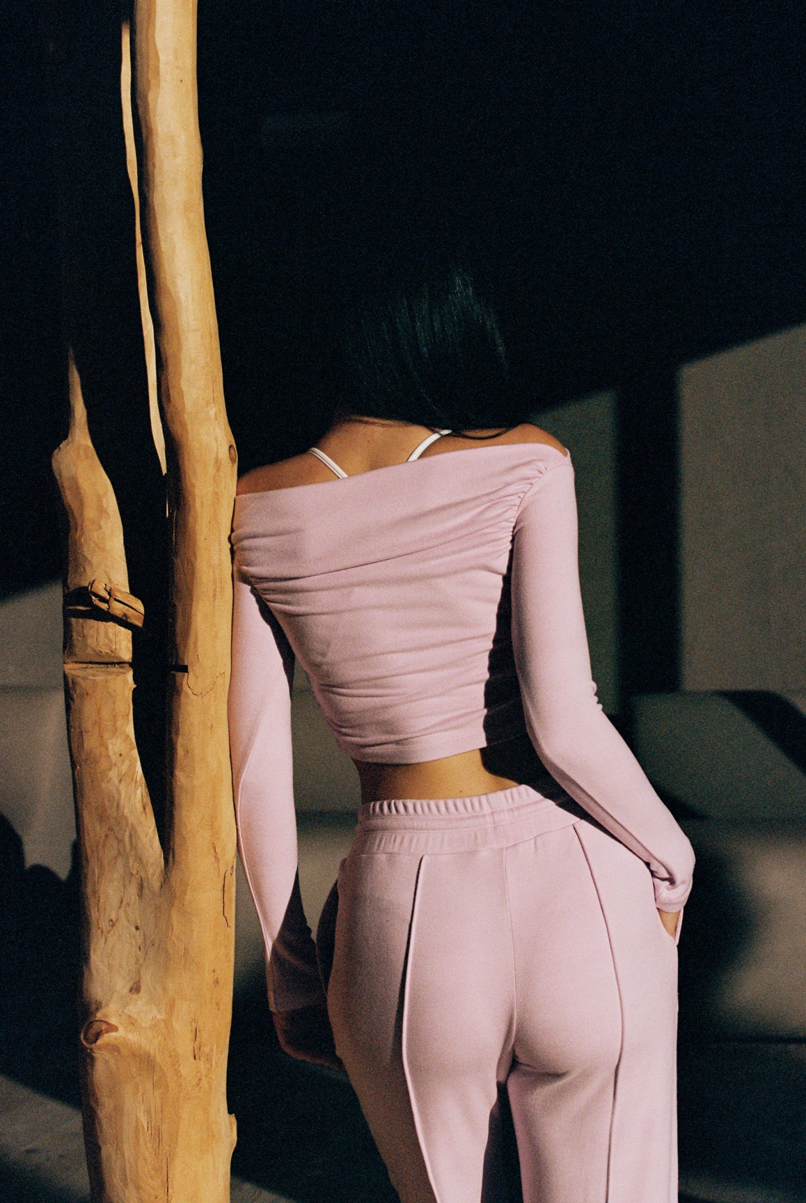 Model wears Off Shoulder Long Sleeve Pleated Crop Top | WISKII ACTIVE | Ballet Blush