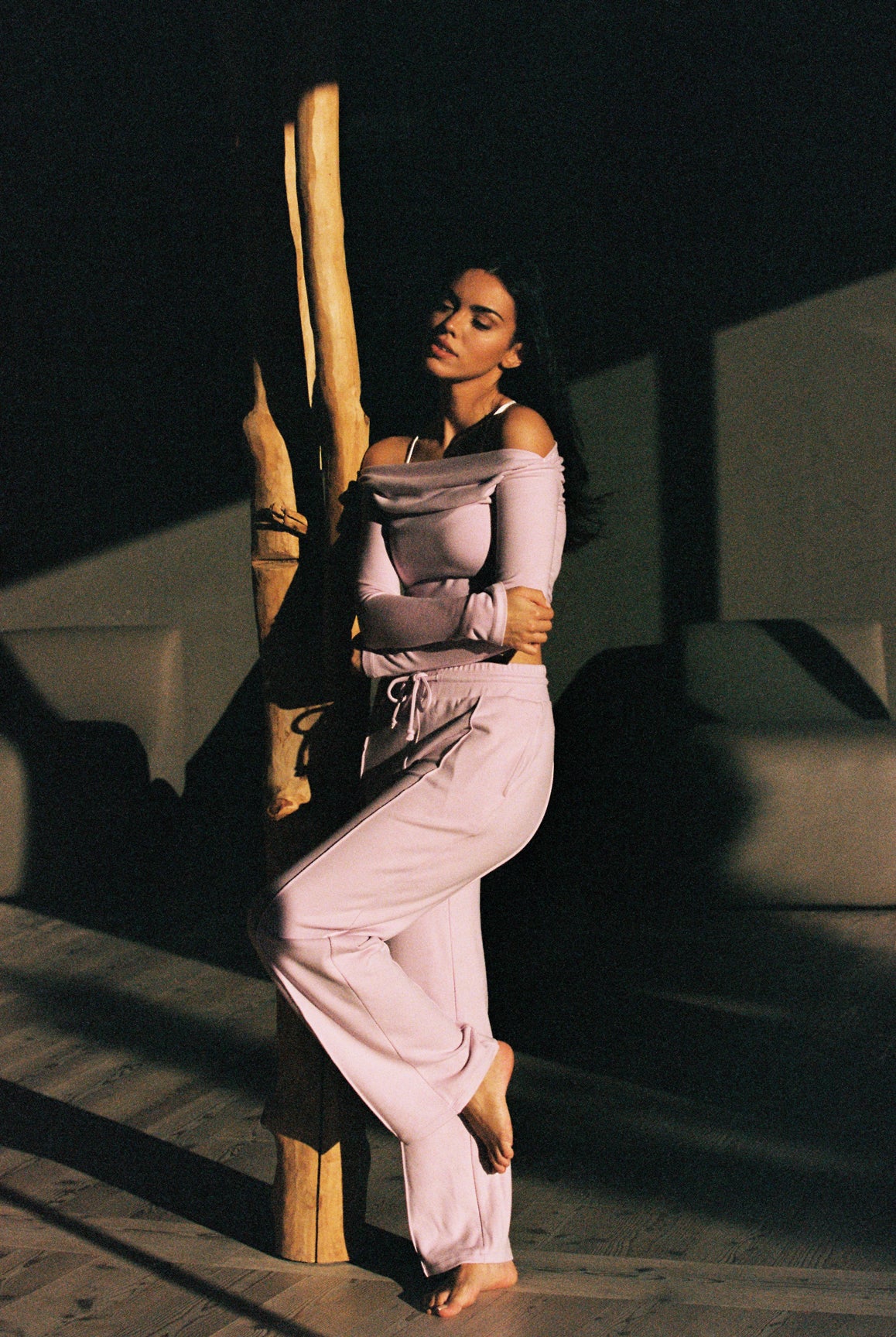 Model wears Off Shoulder Long Sleeve Pleated Crop Top | WISKII ACTIVE | Ballet Blush