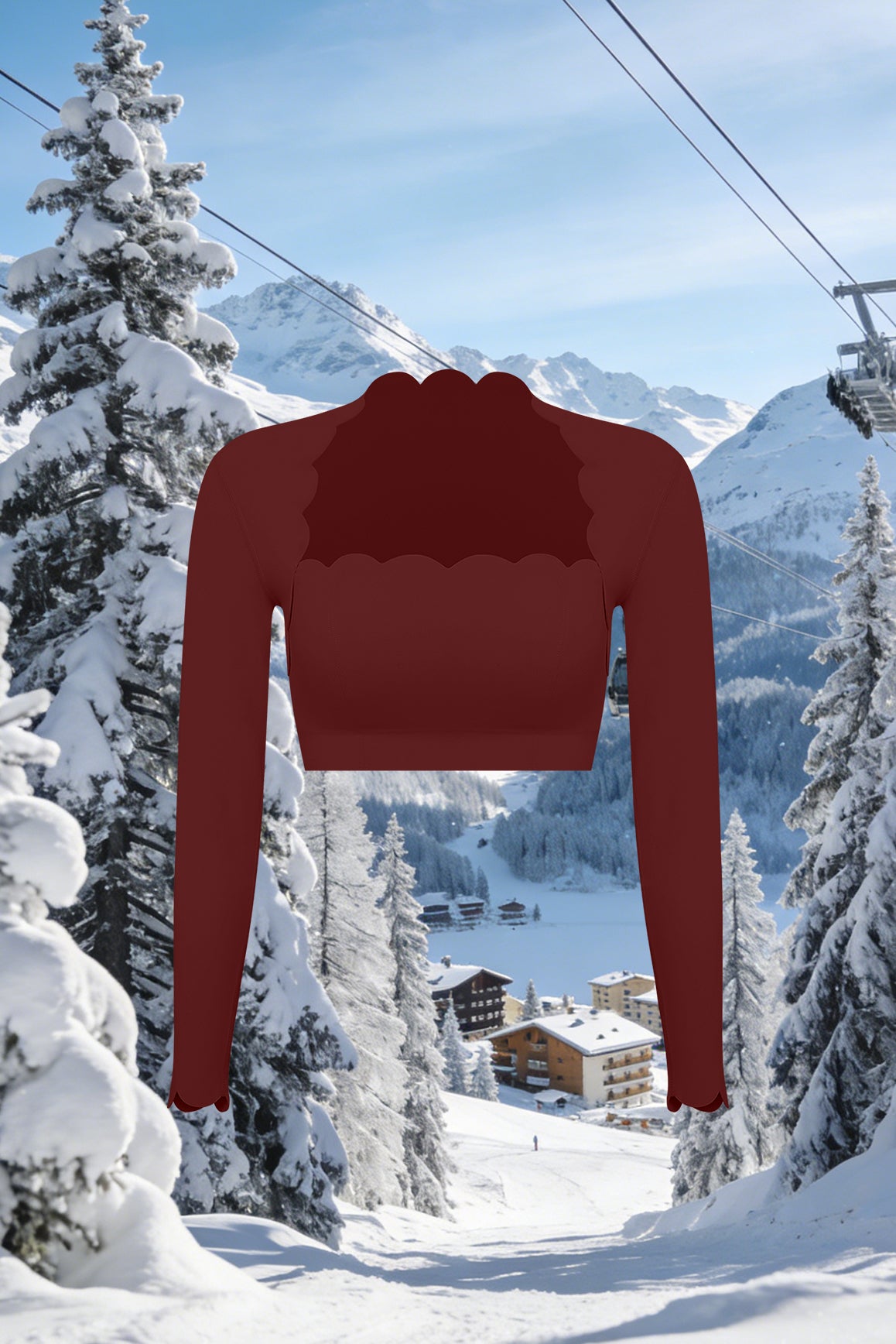 WISKII scallop cropped long sleeve top in mulled wine color, featuring a mini length and decorative scallop detailing.