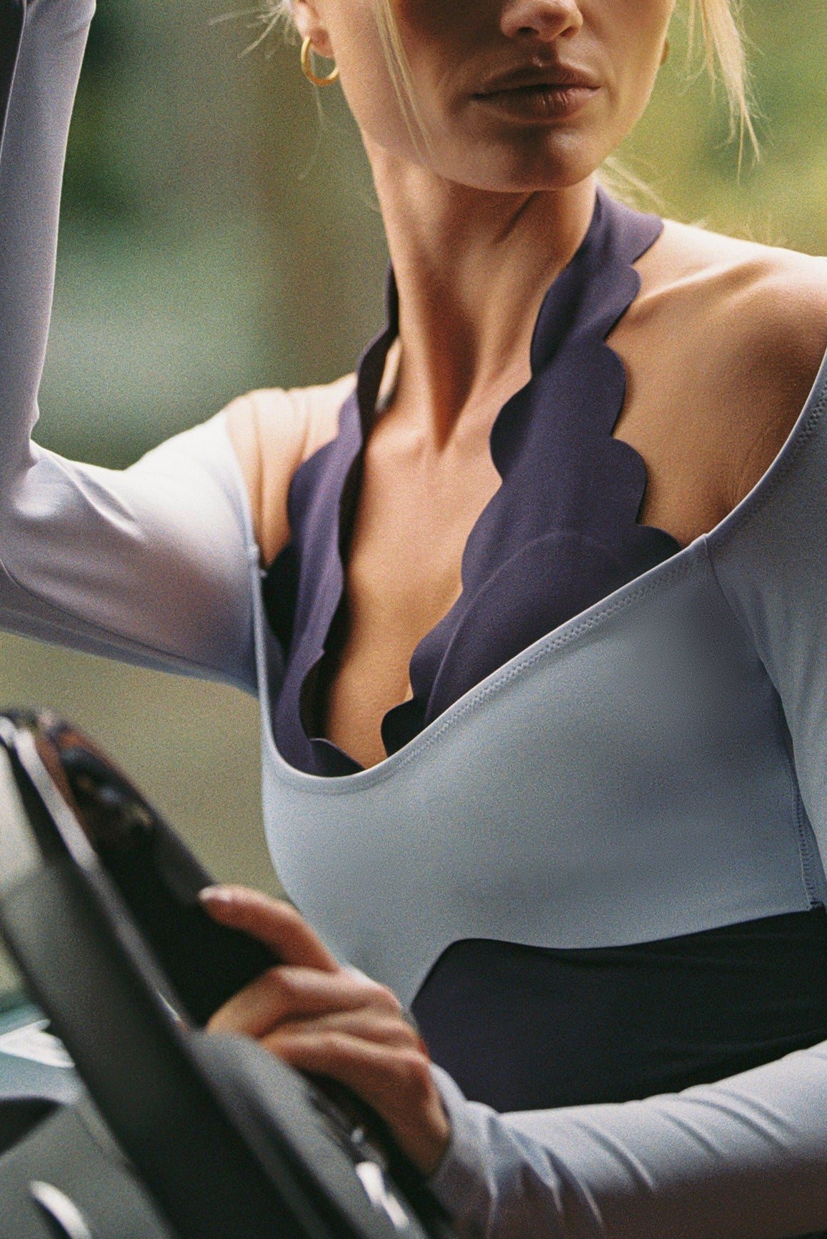 WISKII long sleeve scallop colorblock top featuring a stylish design and vibrant colors on a white background.