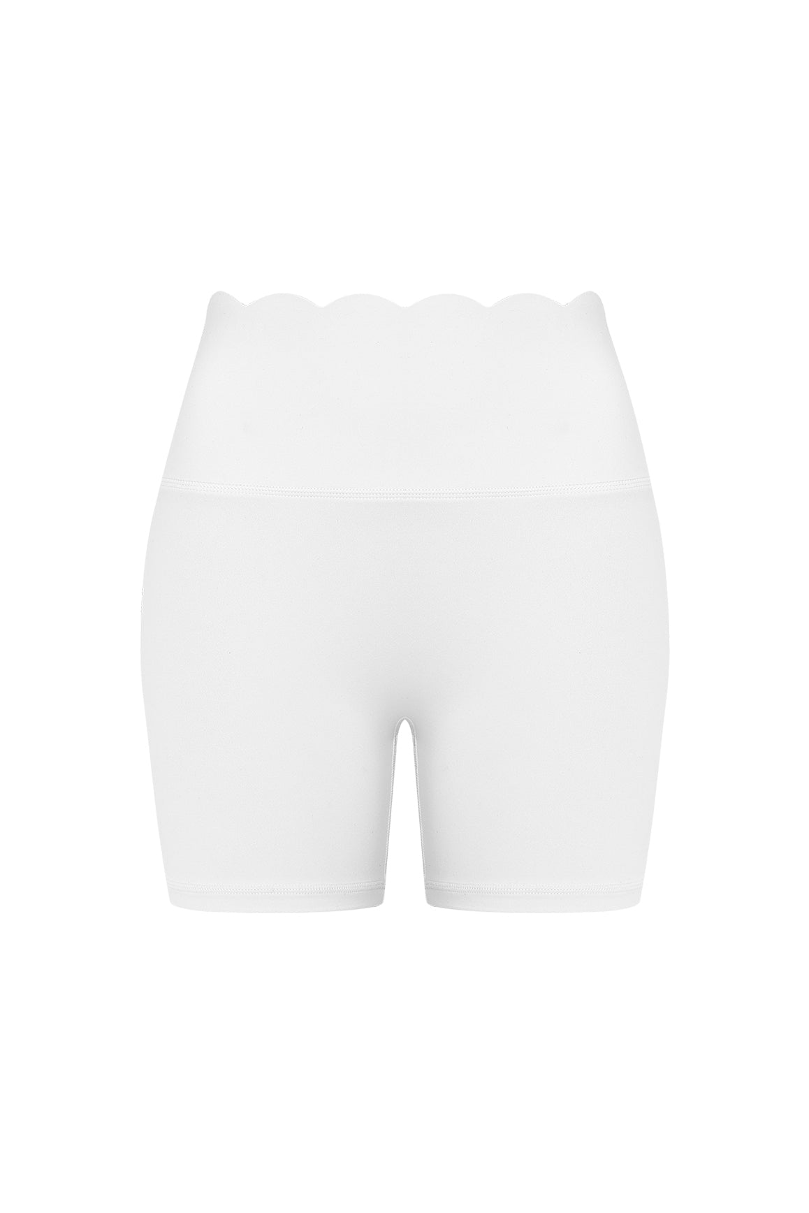 Ivory high-waist scallop scrunch shorts by WISKII featuring a stylish scalloped hem and comfortable fit.