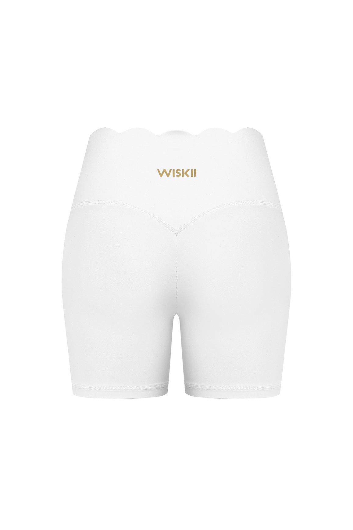 Ivory high-waist scallop scrunch shorts by WISKII, showcasing their stylish design and flattering fit.