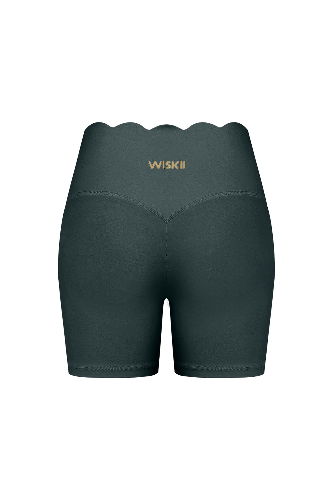 Ivory high-waist scallop scrunch shorts by WISKII featuring a stylish scalloped hem and comfortable fit.