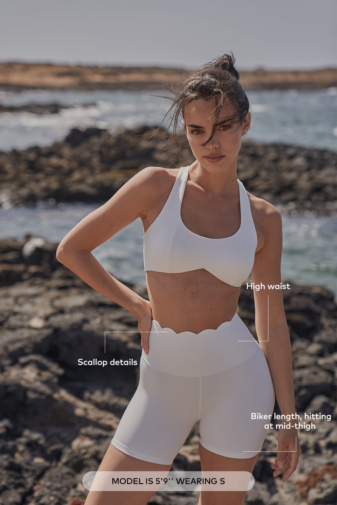 Model wears High Waist Sculpting Biker Short|Ivory