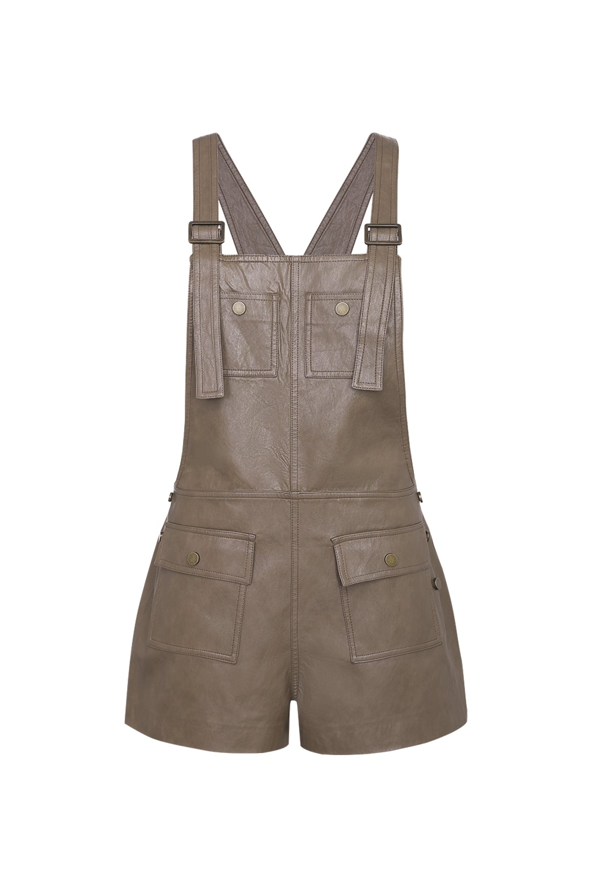 Taupe faux leather overall shorts by WISKII, featuring a stylish design with adjustable straps and a trendy, casual fit.