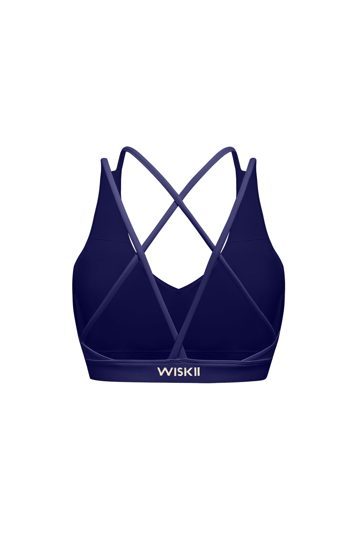 Midnight blue WISKII scoop neck crossback sports bra with adjustable straps and breathable fabric.