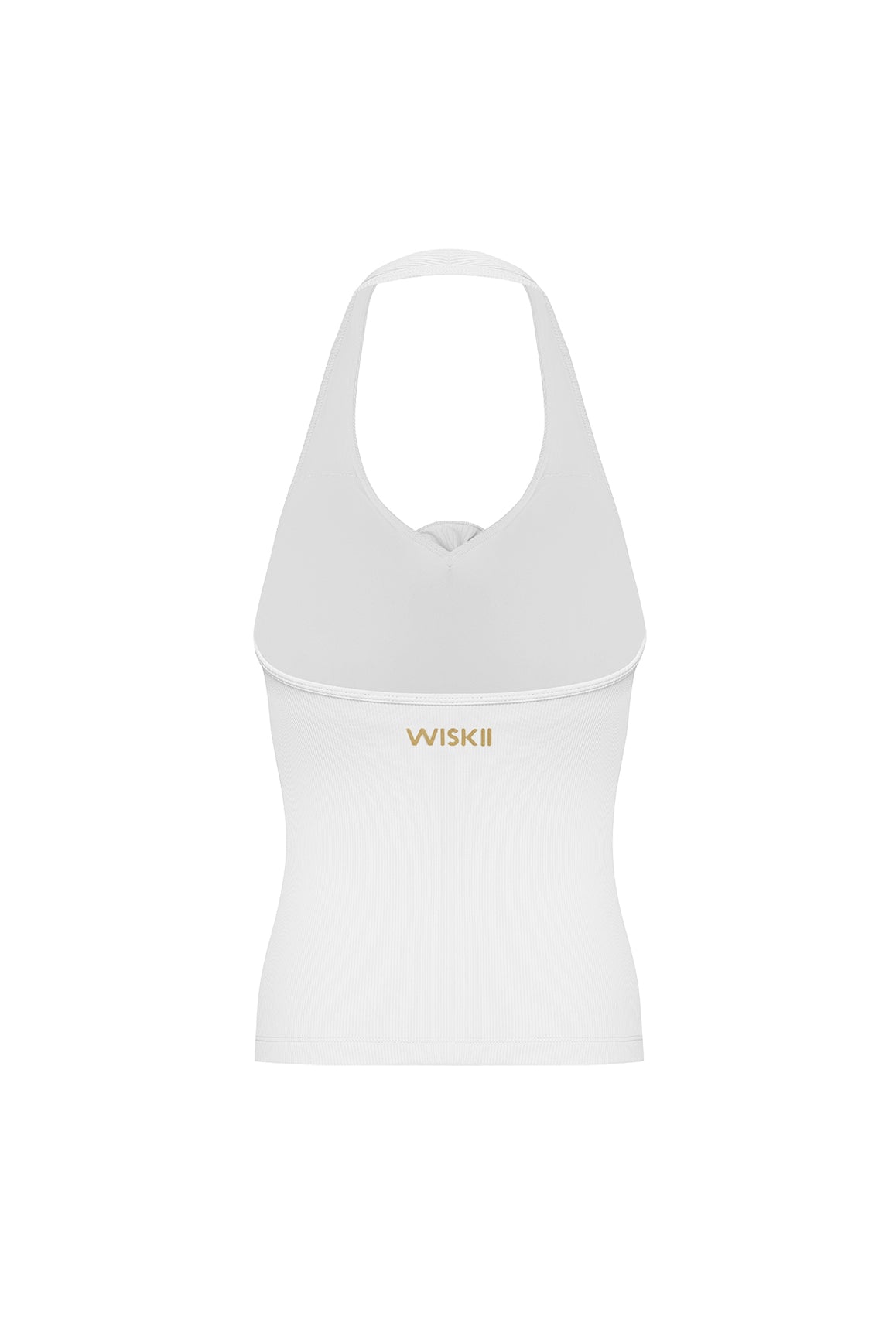 WISKII ivory halter-neck floral tank top displayed on a hanger, showcasing its stylish design and lightweight fabric.