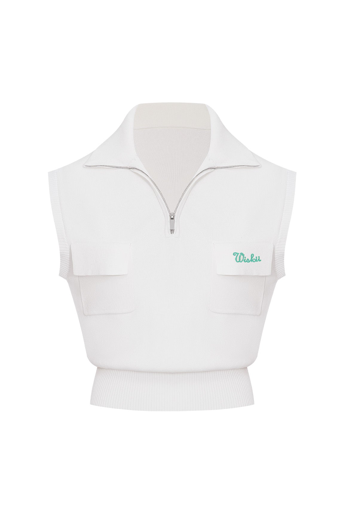 WISKII cap-sleeve knit polo tank top in soft fabric, featuring a classic collar and button details, styled on a mannequin.