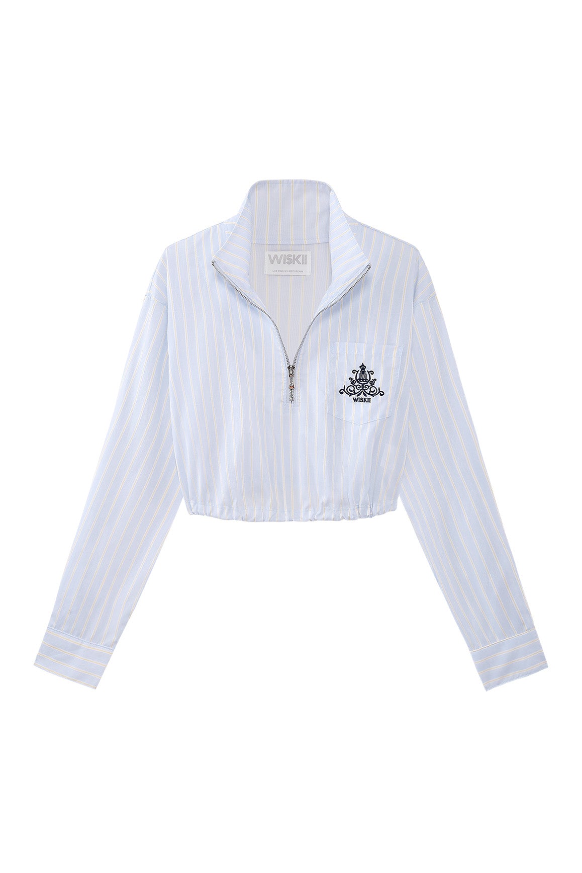 WISKII Stripe Half-Zip Crop Shirt showing a stylish cropped top with vertical stripes and a half-zip front.