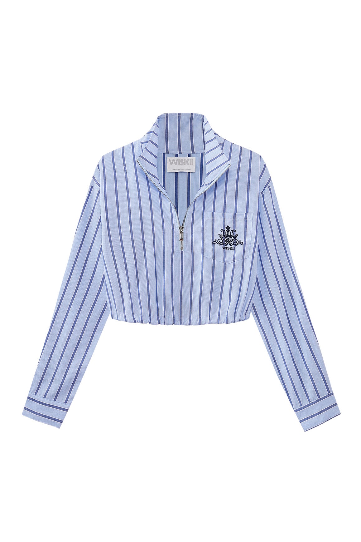 WISKII Stripe Half-Zip Crop Shirt featuring a stylish half-zip design and bold stripe pattern, perfect for trendy casual wear.