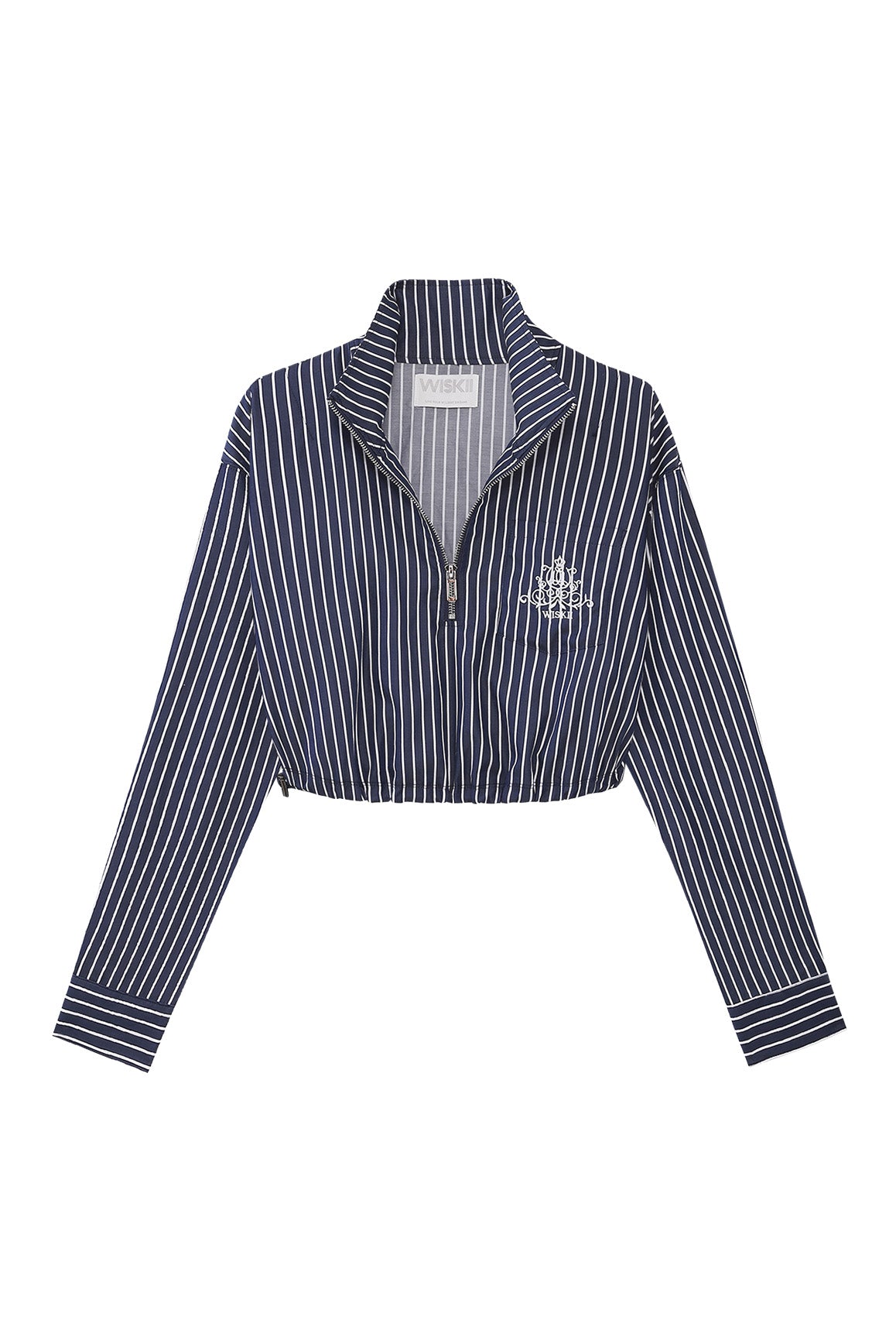 WISKII Stripe Half-Zip Crop Shirt featuring a stylish striped pattern and a half-zip design, displayed on a mannequin.