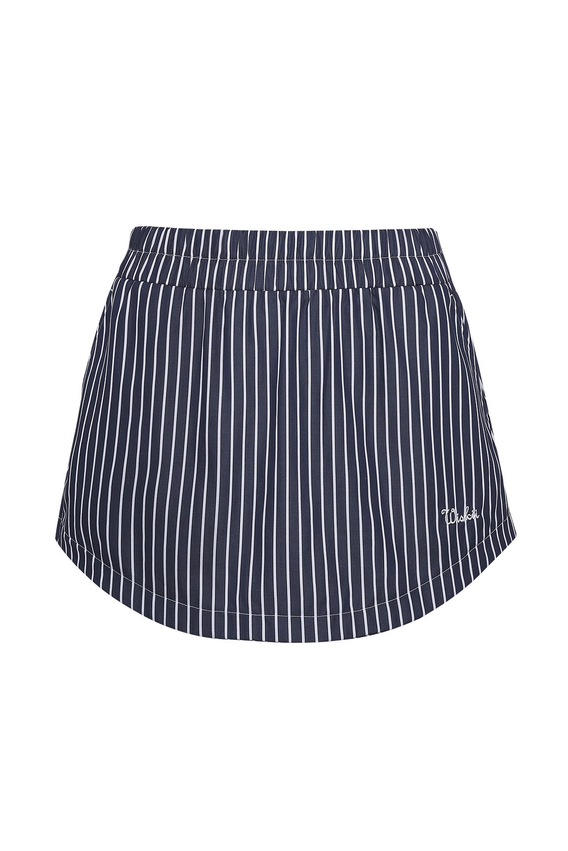 WISKII Stripe A-line skirt with vertical stripes in various colors, flowing fabric, and a high-waisted design.