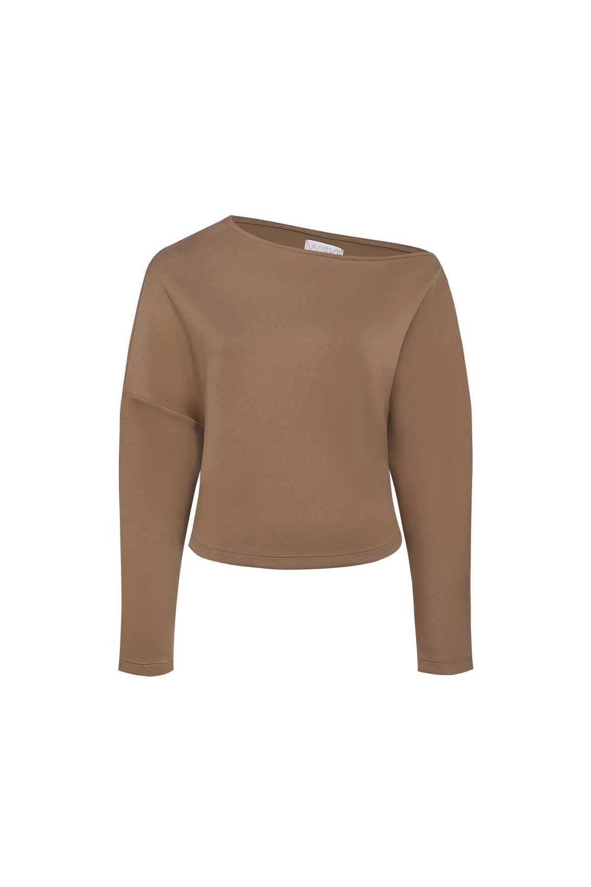 WISKII Vivid Asymmetric Long Sleeve Top in tan, stylish women's long sleeve shirt with unique asymmetrical design.