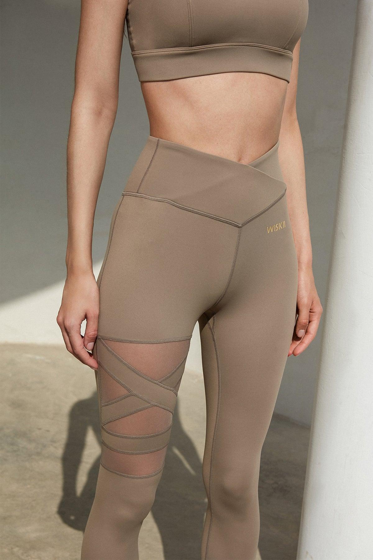 WISKII almond butter training mesh leggings showing close-up of stretchy fabric and mesh panels for activewear.